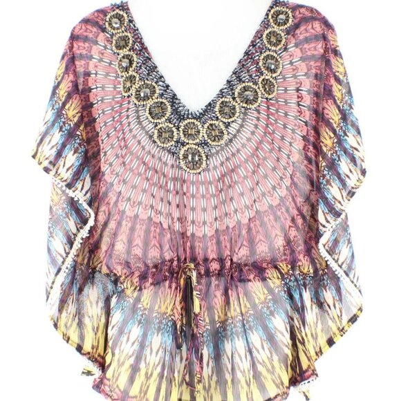 Autumn Saint James Sz S Red Purple Yellow Multi Beaded Poly Sheer Chiffon Top - Picture 2 of 7